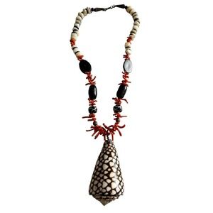 Conus Marmoreus Shell Coral Pendant Necklace Beaded 20” Ethnic Statement